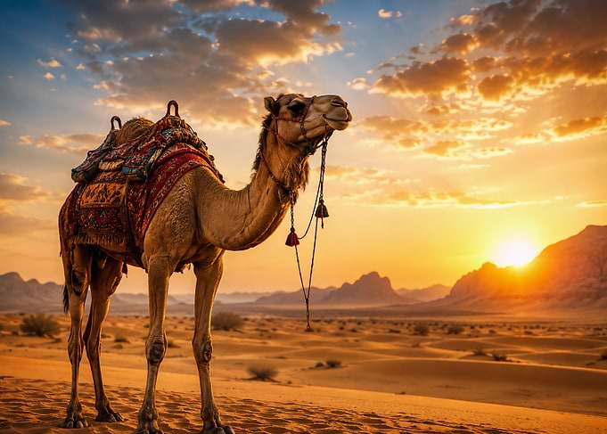 Camel in the Desert at Sunset