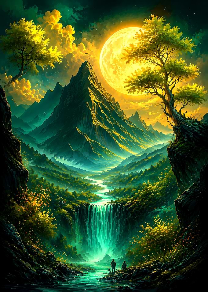 Ethereal Waterfall Under Golden Moon