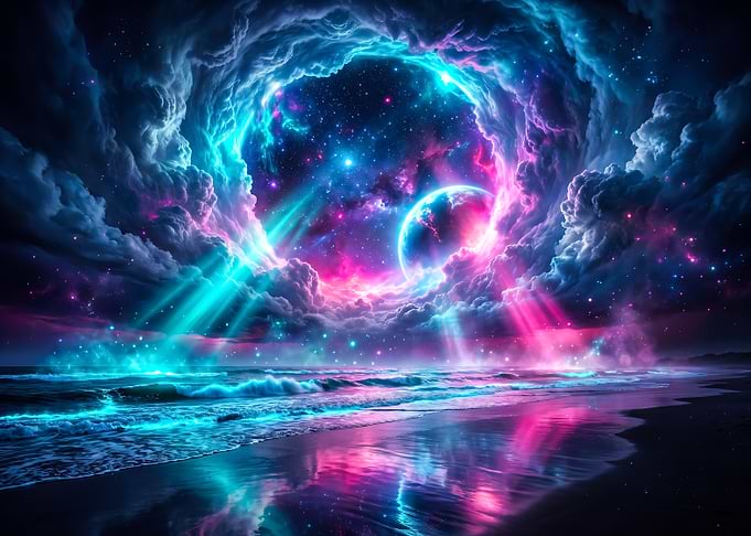 Cosmic Portal Over Neon Beach