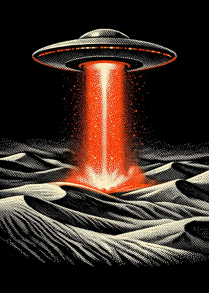 UFO Abduction Over Desert Dunes