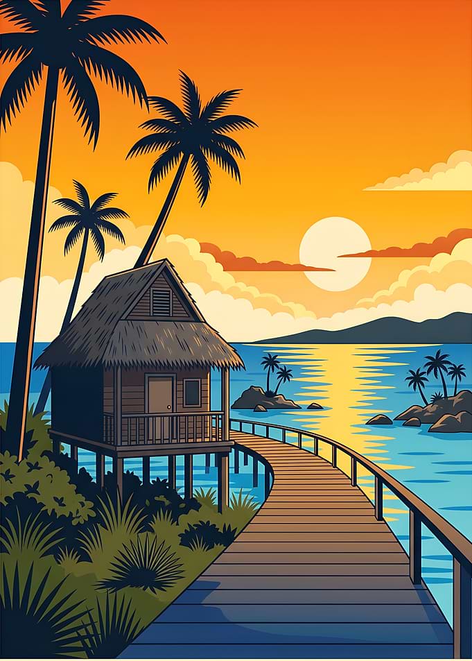 Tropical Sunset Overwater Bungalow Sea Beach