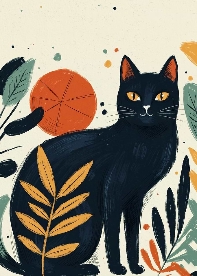 Abstract Black Cat Orange Sun Plants