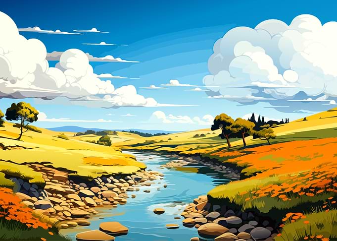 Vibrant Landscape with River and Clouds