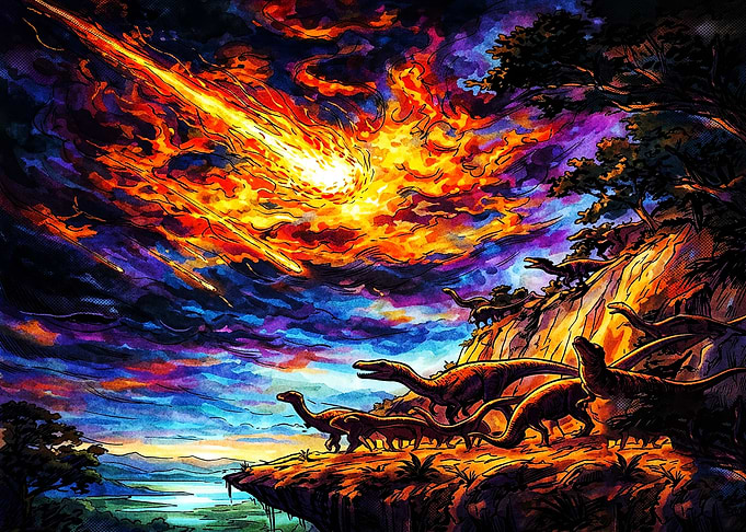 Dinosaurs Witnessing a Fiery Meteor Impact