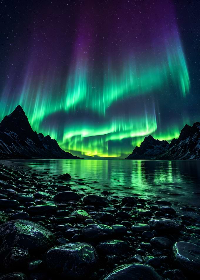 Aurora Borealis Over Mountain Lake