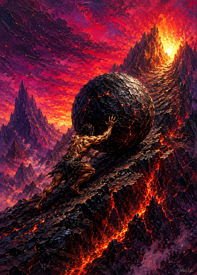 Sisyphus Pushing Boulder Up Volcanic Mountain