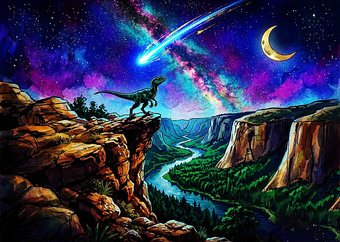 Dinosaur Watching a Cosmic Meteor
