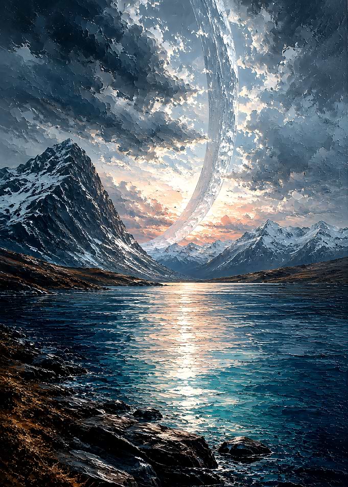 Surreal Mountain Lake with Ringed Planet