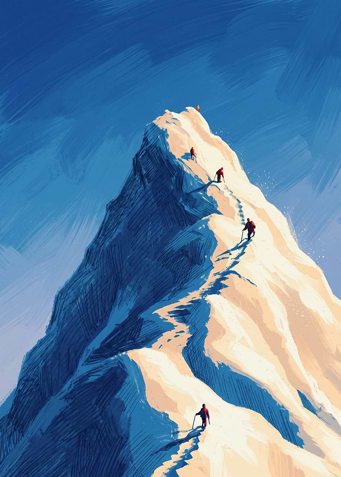 Climbers On Snowy Mountain Peak Art