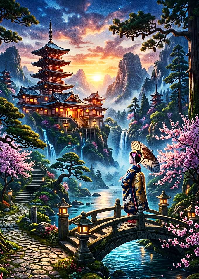 Enchanted Japanese Temple with Sakura Waterfalls