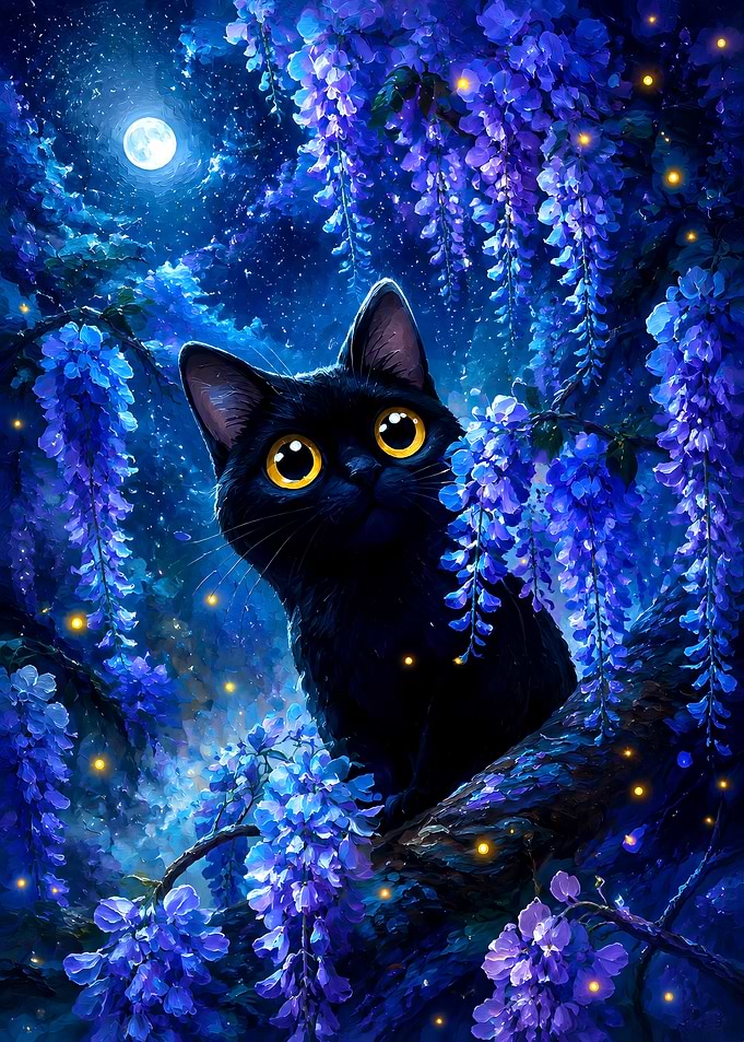 Black Cat in Wisteria Garden
