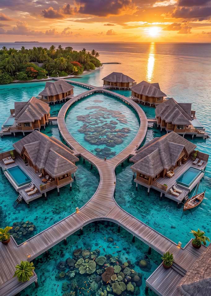 Luxury Overwater Bungalows at Sunset