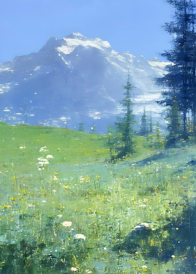 Impressionist Alpine Meadow and Mountain