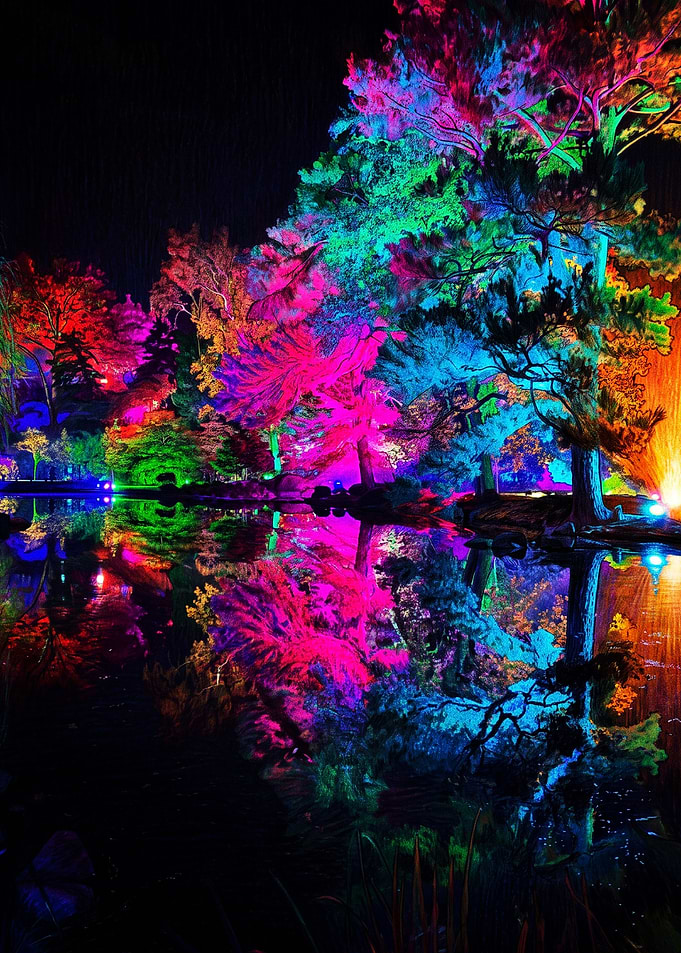 Neon Illuminated Trees at Night