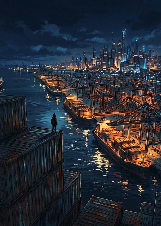 Lone Observer at Night Port