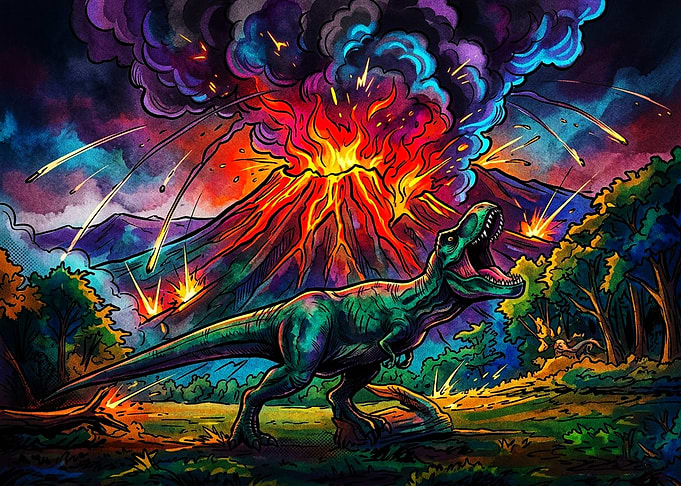 T-Rex Roaring During Volcanic Eruption
