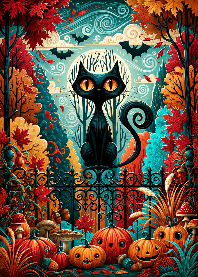 Moonlit Black Cat Halloween Fantasy