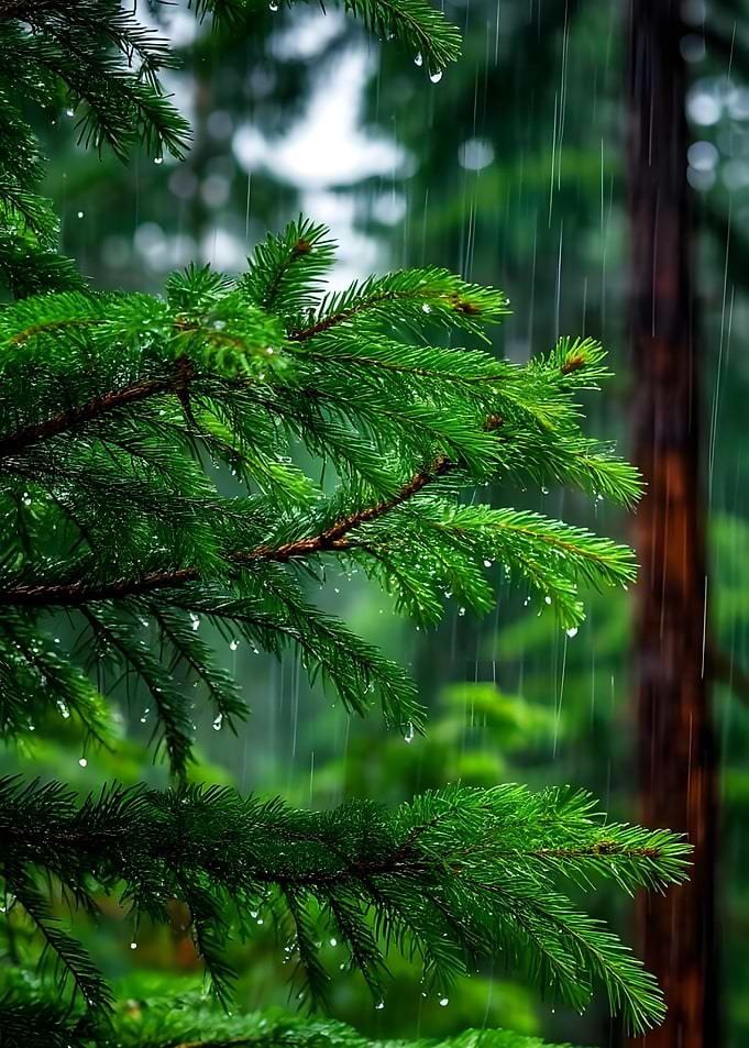 Rain Falling on Pine Branches