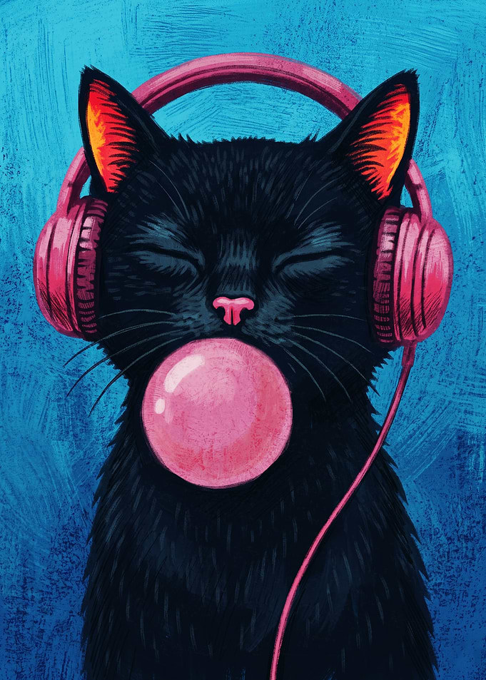 Cool Black Cat Headphones Bubblegum Art