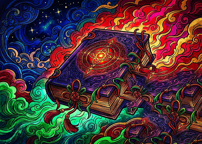 Magical Grimoire in Psychedelic Clouds