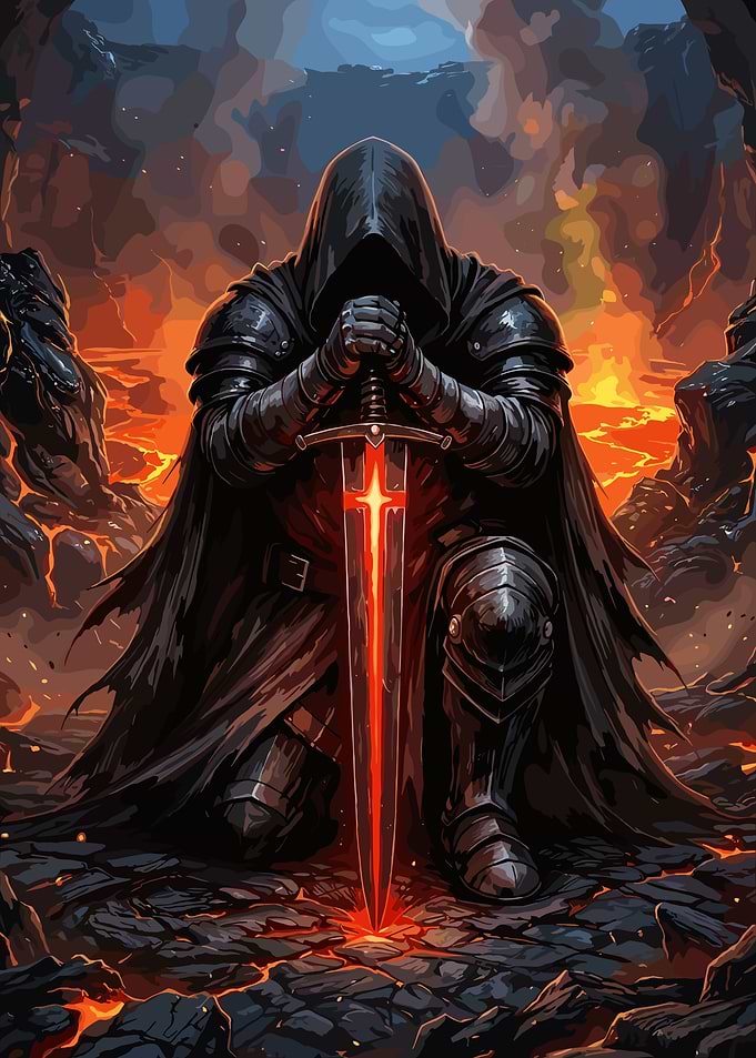 Kneeling Knight with Glowing Sword