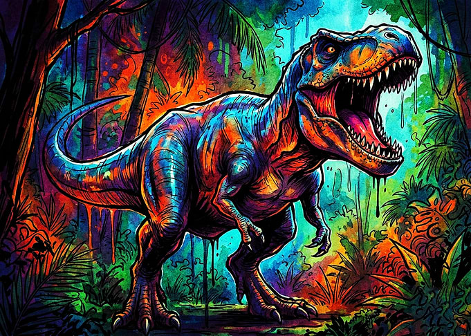 Colorful Psychedelic T-Rex in Jungle