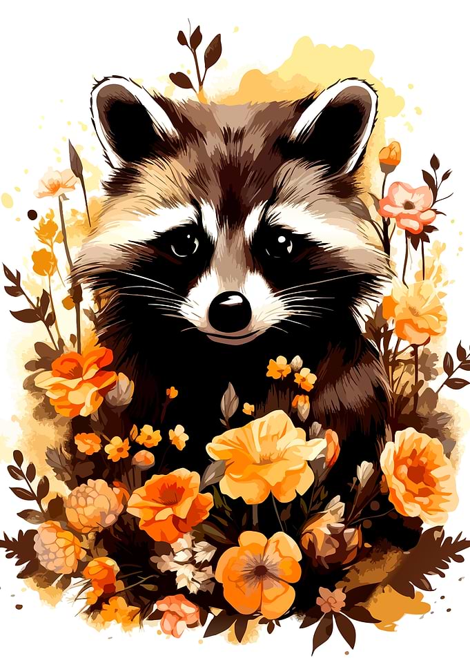 Cute Raccoon Surrounded by Orange Flowers