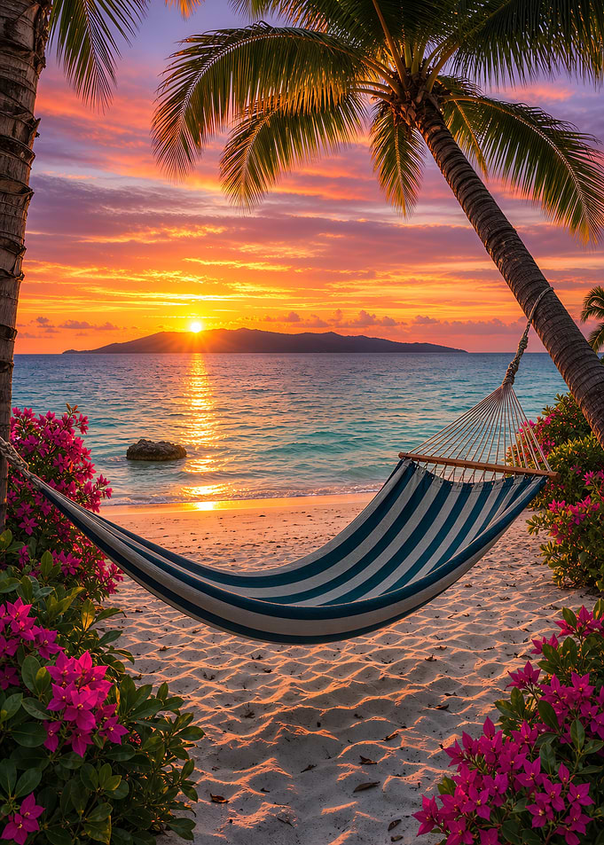 Tropical Sunset Hammock Beach Scene