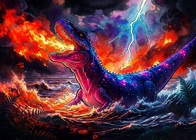 Fire-Breathing Dinosaur in Stormy Sea