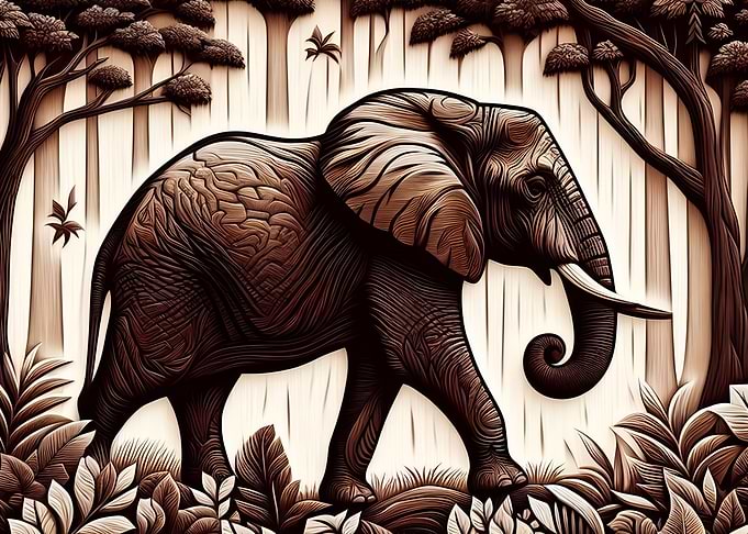 Carved Wood Style Elephant Illustration