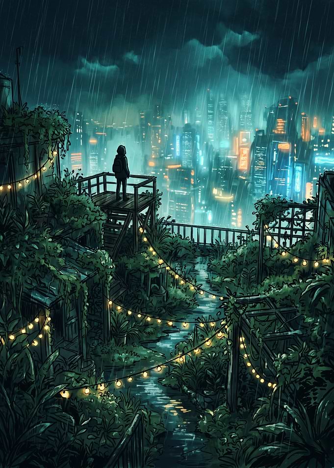 Person overlooking a rainy cyberpunk city