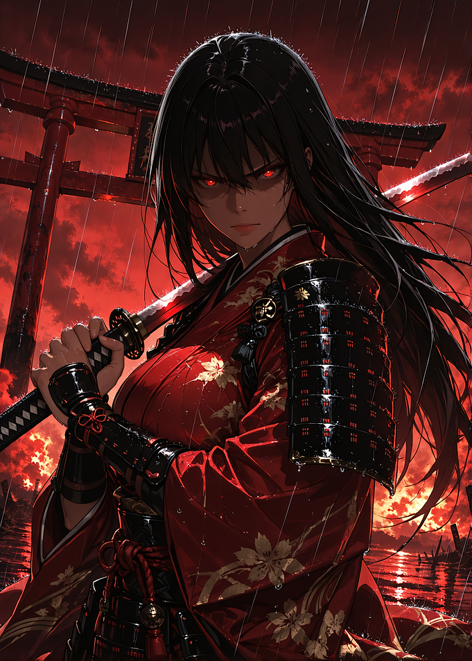 Samurai Warrior in Red Rain
