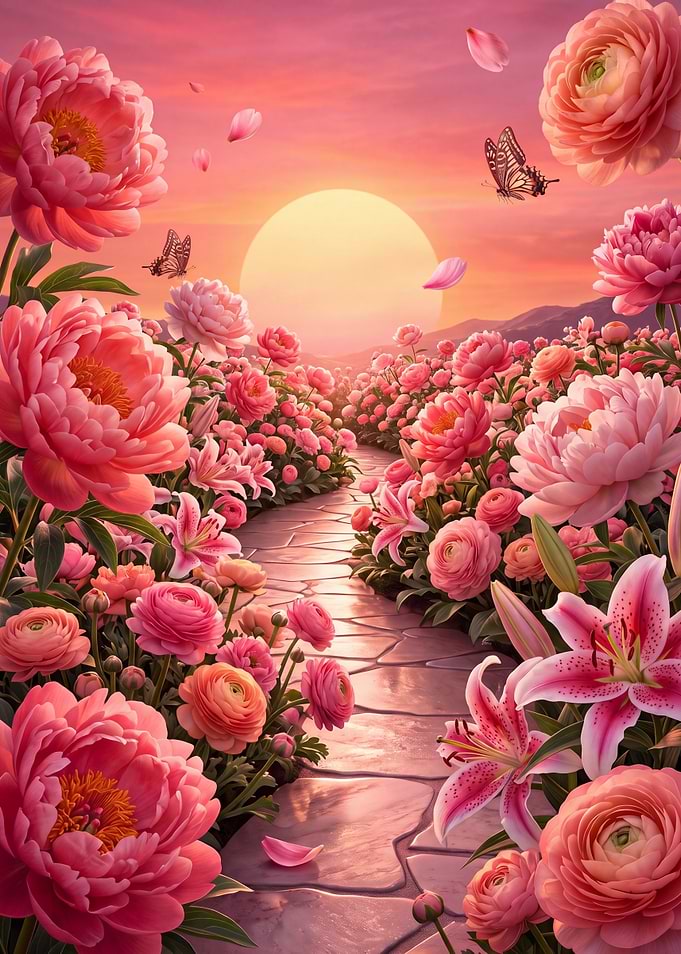 Sunset Garden Path with Peonies