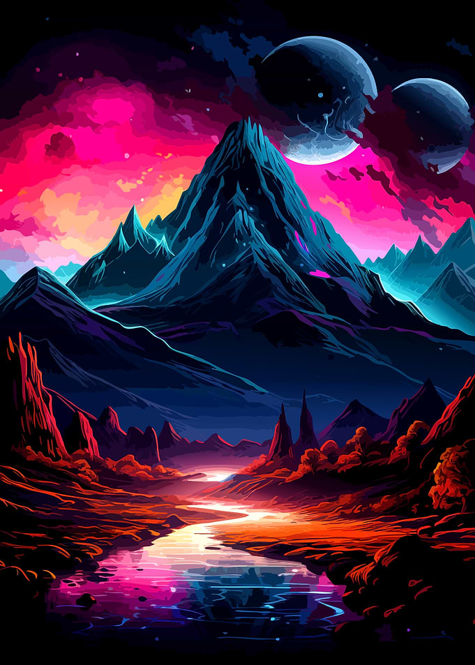 Neon Alien Landscape with Twin Moons