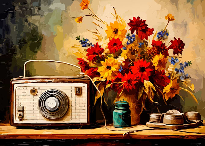Vintage Radio and Floral Still Life