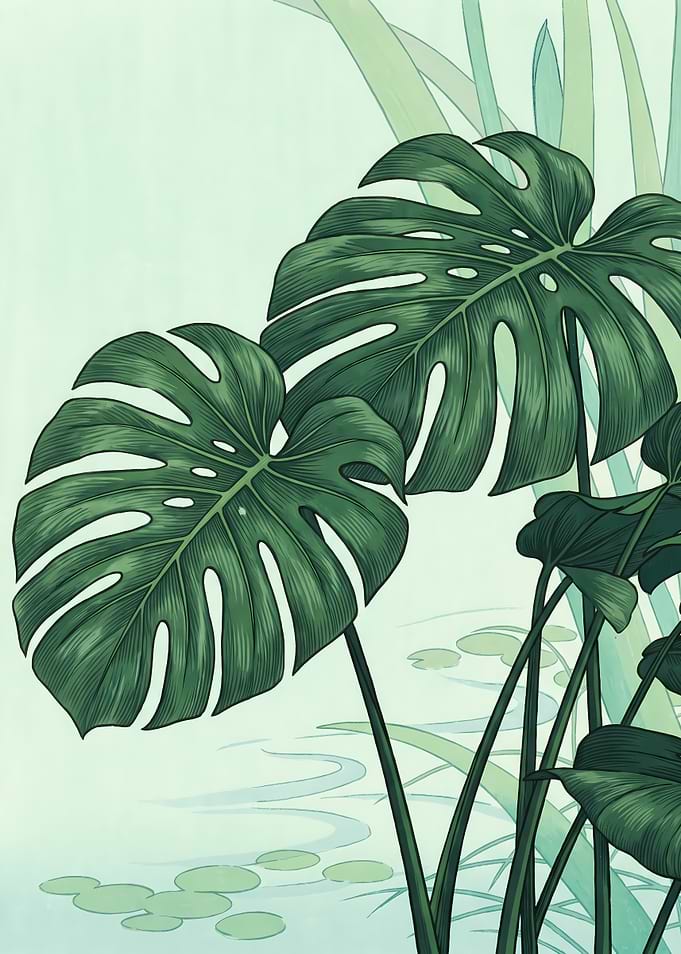 Monstera Leaves in a Serene Pond
