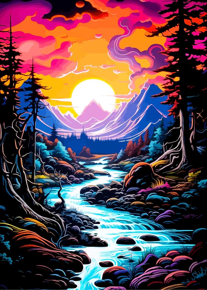 Vibrant Psychedelic Mountain River Landscape