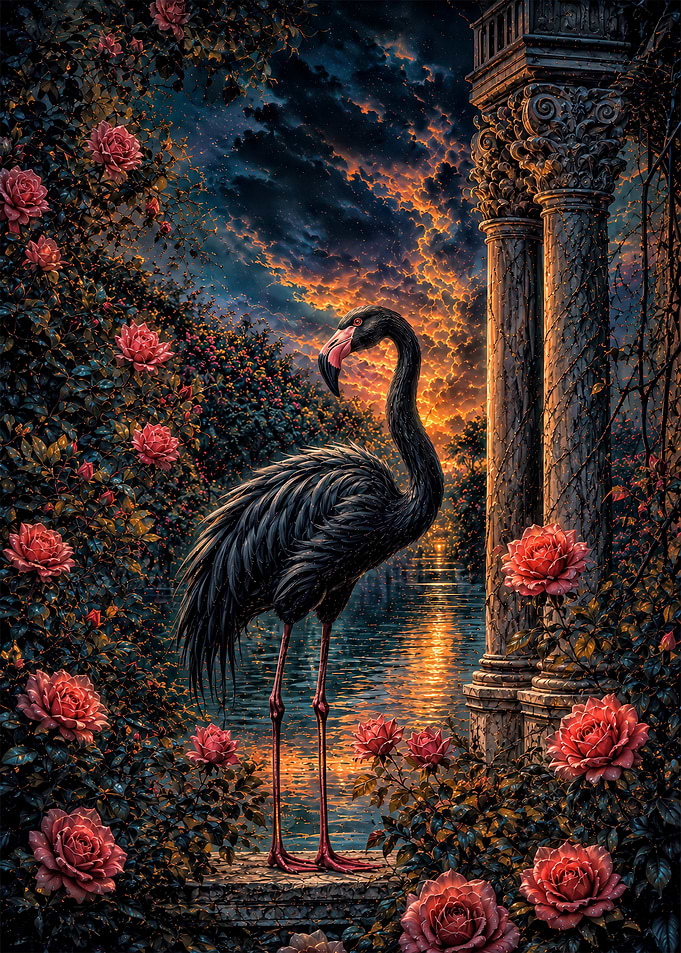 Black Flamingo in a Rose Garden