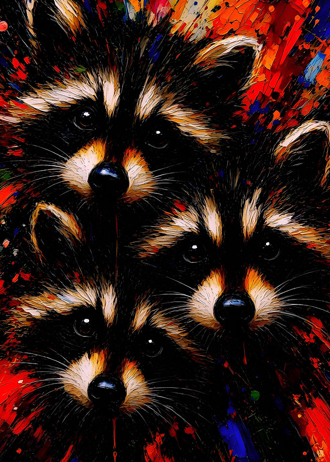 Vibrant Trio of Raccoons