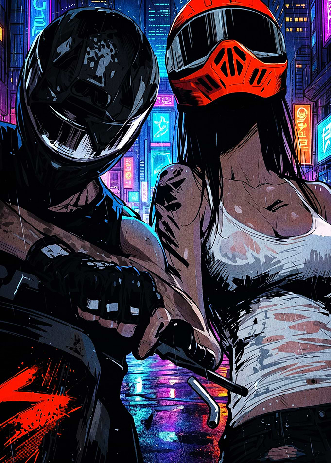 Cyberpunk Biker Duo in Neon City