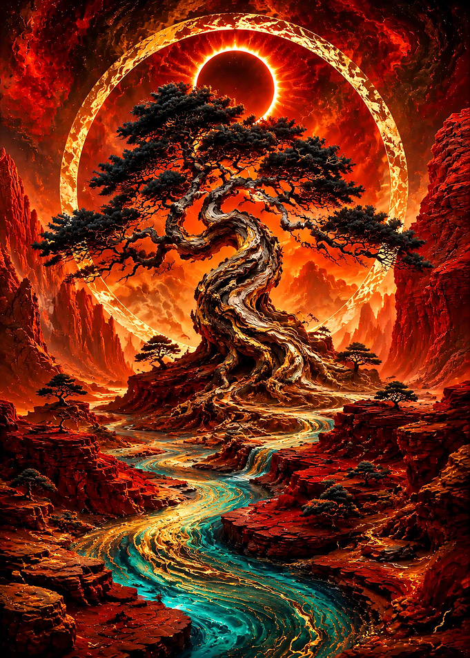 Ethereal Bonsai Tree Under Solar Eclipse