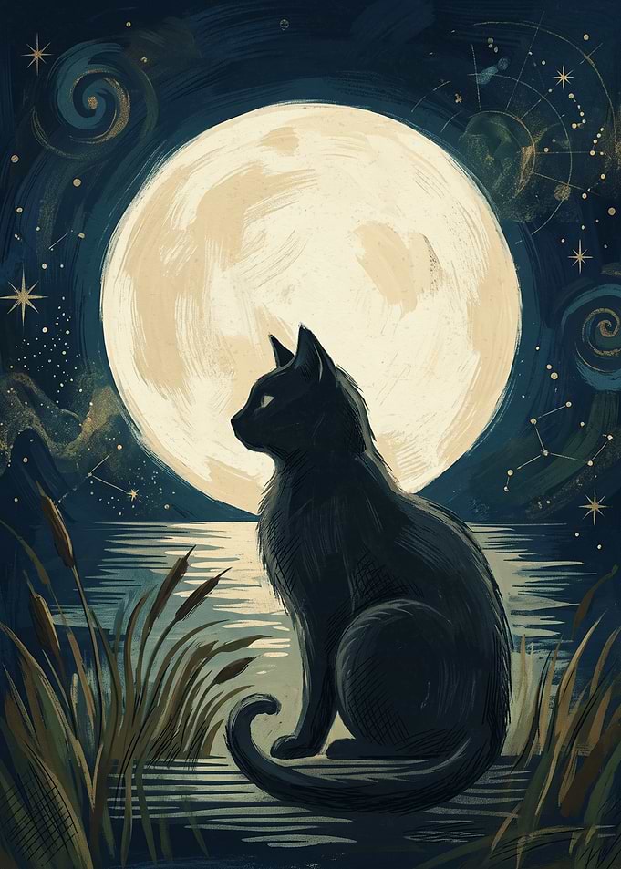 Black Cat By Lake Under Full Moon