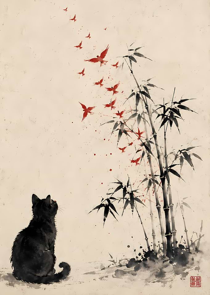 Black Cat Watching Red Birds