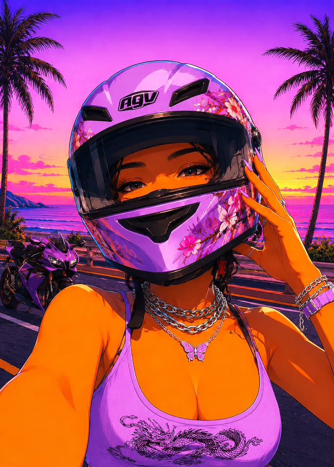 Biker Girl with Floral Helmet