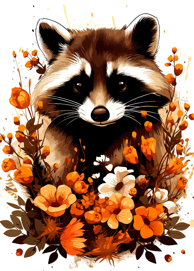 Cute Raccoon Surrounded by Orange Flowers