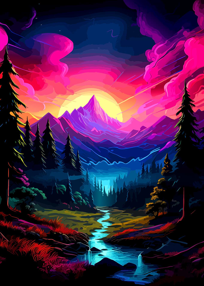 Vibrant Neon Mountain Sunset Landscape