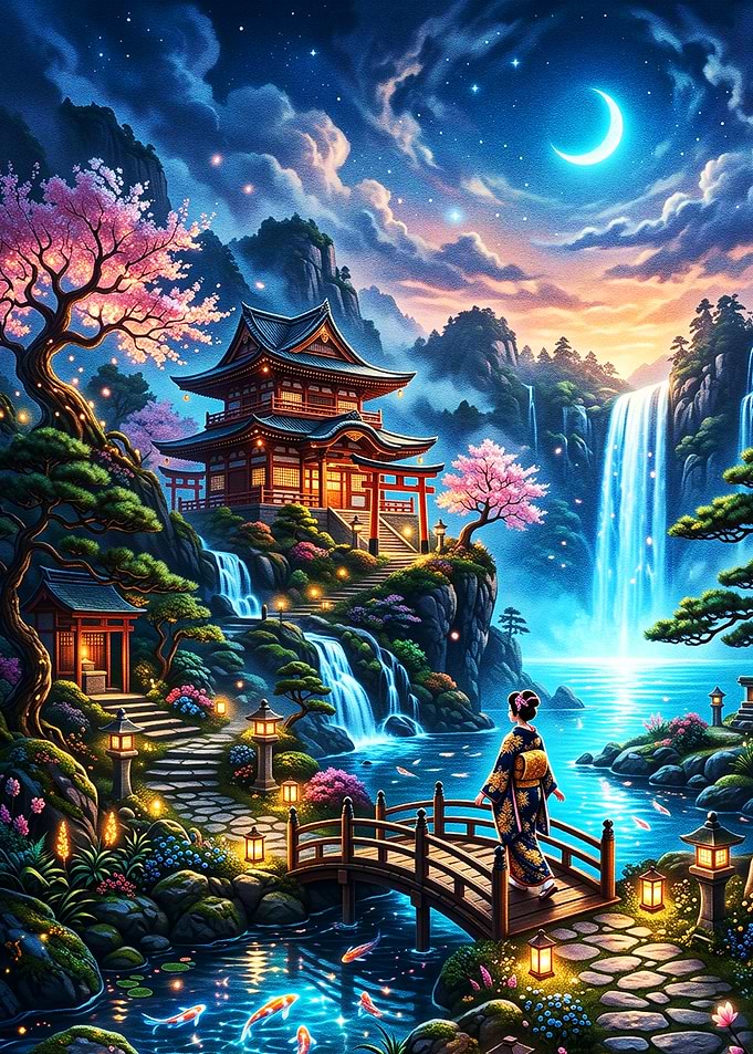 Moonlit Japanese Temple and Sakura Waterfall