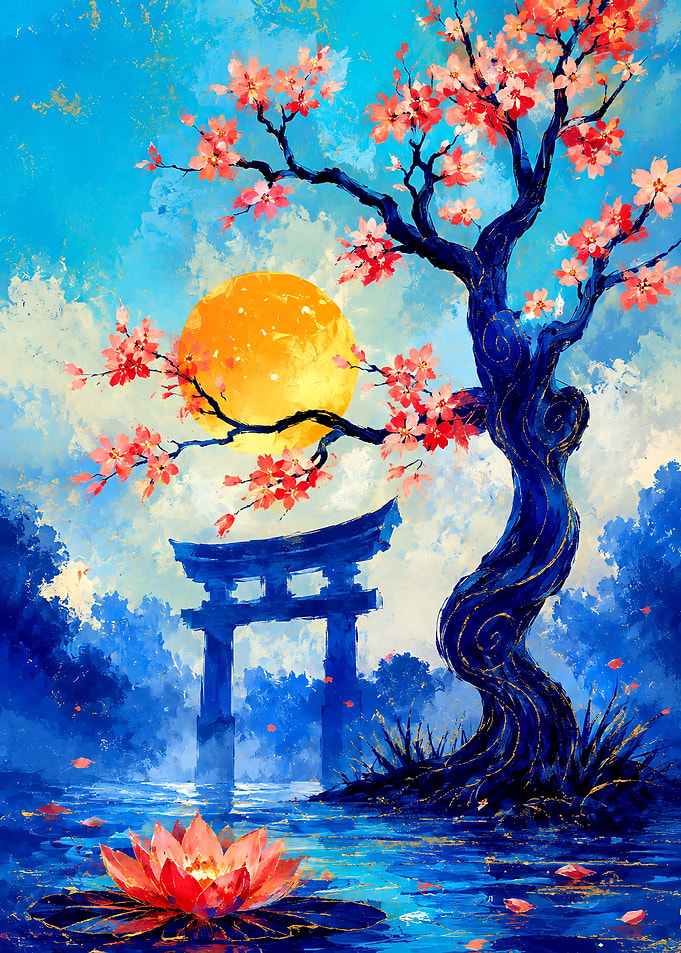 Cherry Blossom Tree and Torii Gate