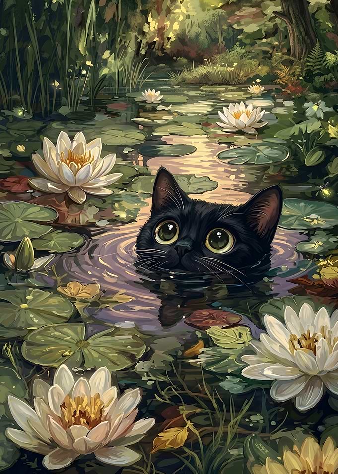 Black Cat Swimming in Water Lily Pond