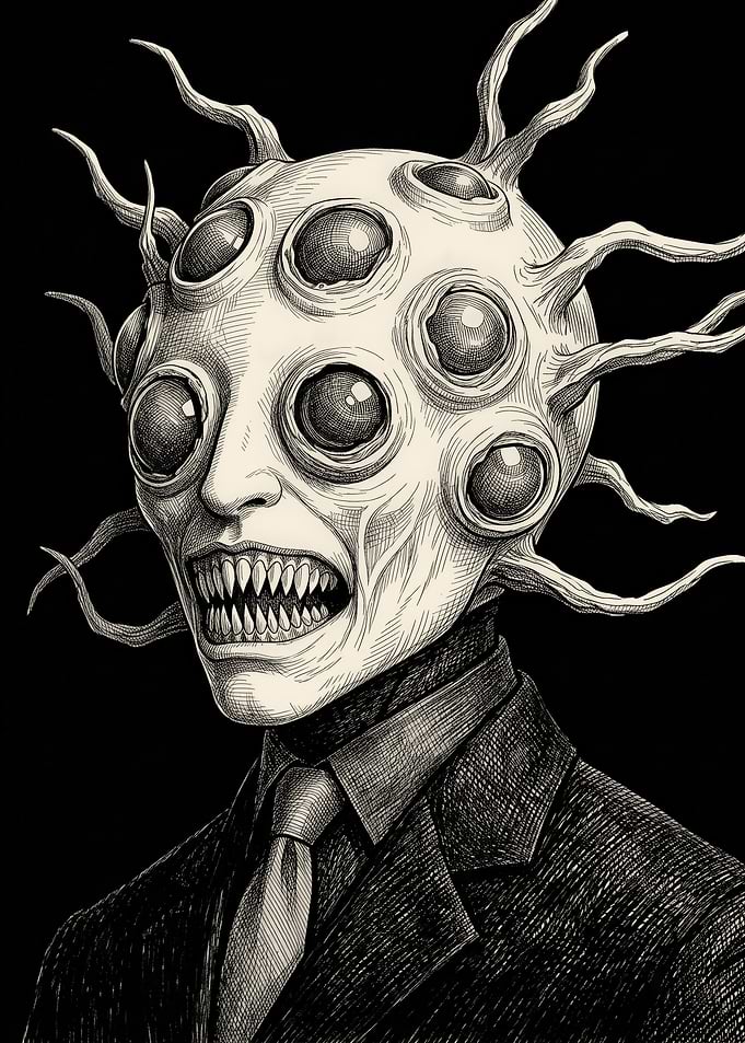 Surreal Multi-Eyed Creature in Suit
